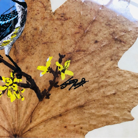 RARE Vintage Blue Jay Bird Canadian Maple Leaf Painting Art Signed By SHAN JAMAL - Picture 3 of 4